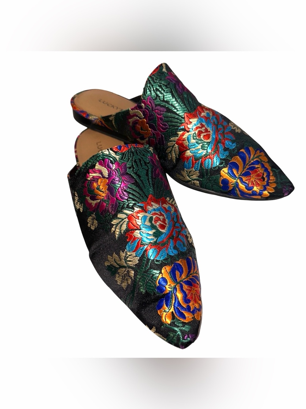 Lucky Brand Embroidered Multicolor Mule Floral Satin Pointed-Toe *Damaged